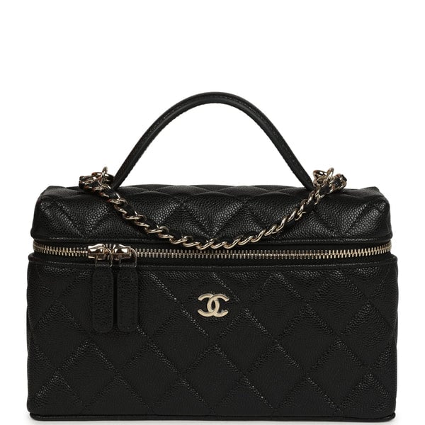 Chanel Top Handle Long Vanity Case with Chain Black Shiny Caviar Light Gold Hardware