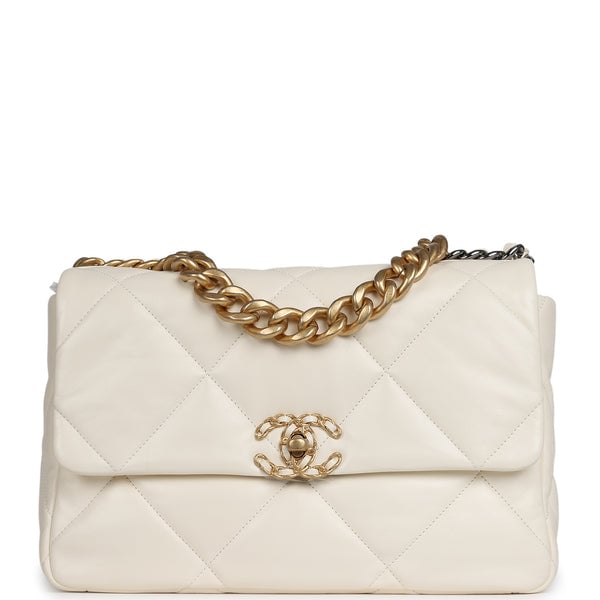 Chanel Large 19 Flap Bag White Shiny Lambskin Mixed Metal Hardware