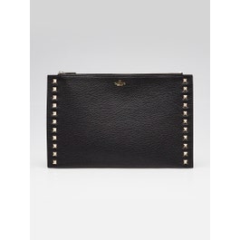 Valentino Valentino Black Pebbled Leather Large Rockstud Flat Pouch Bag