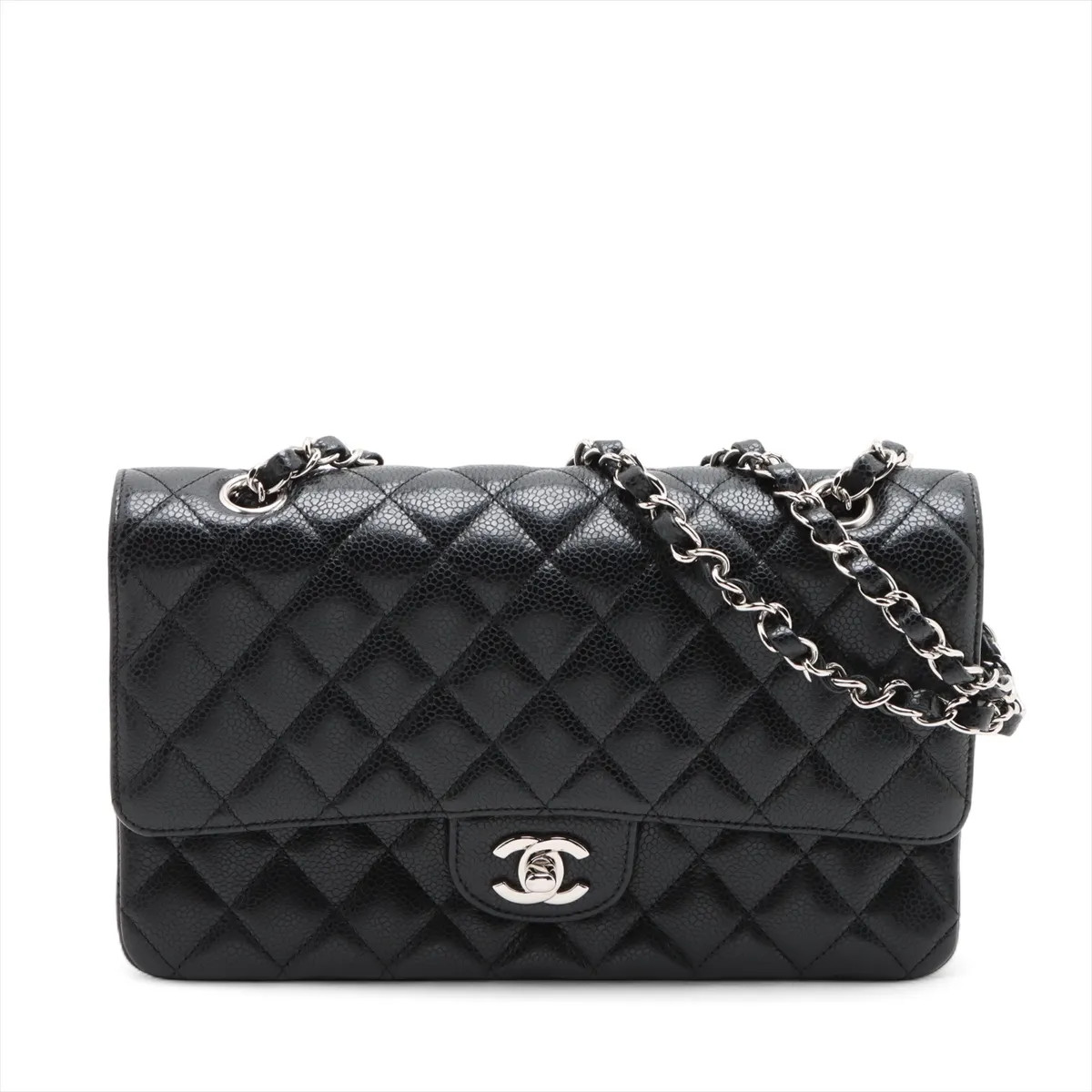 Chanel Matelasse 25 Grained Calfskin Double Flap Double Chain Bag Black Silver M