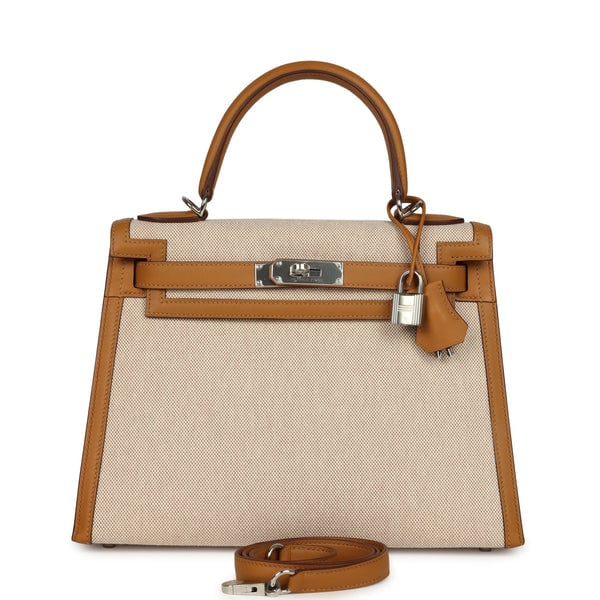 Hermes Pre-owned Hermes Kelly Sellier 28 Beige & Ecru Toile H Canvas and Sesame Swift Palladium Hardware