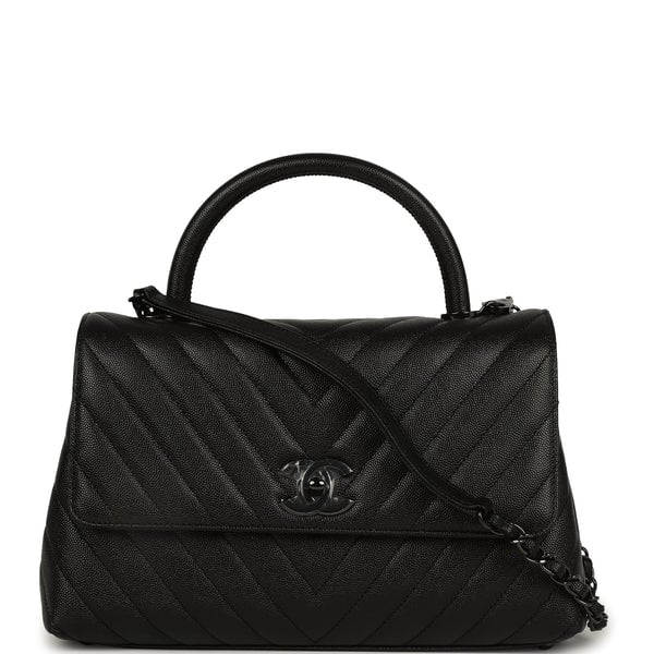Chanel Medium Chevron Coco Handle So Black Shiny Caviar Black Hardware