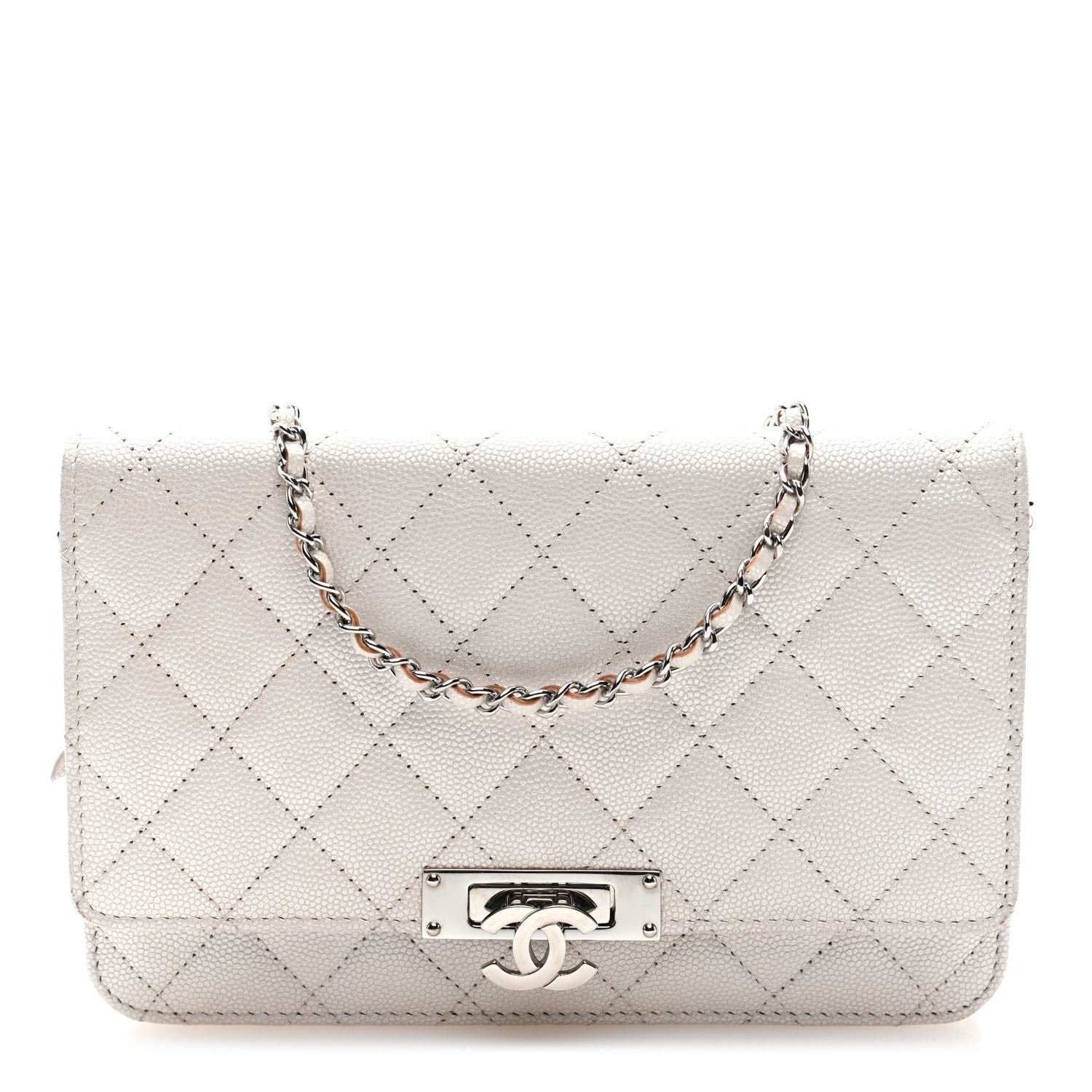 Chanel Iridescent Caviar Quilted Golden Class Wallet On Chain WOC White