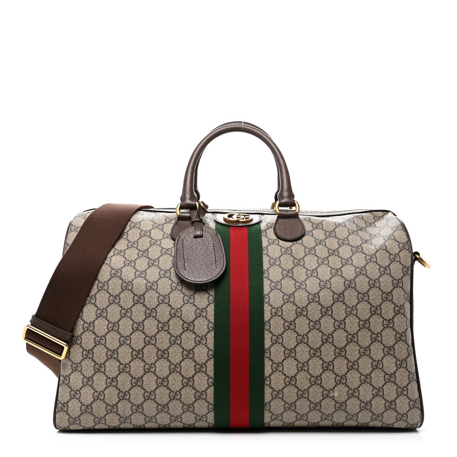 Gucci GG Supreme Monogram Textured Dollar Calfskin Web Medium Ophidia Carry-On Duffle Bag Beige Ebony New Acero