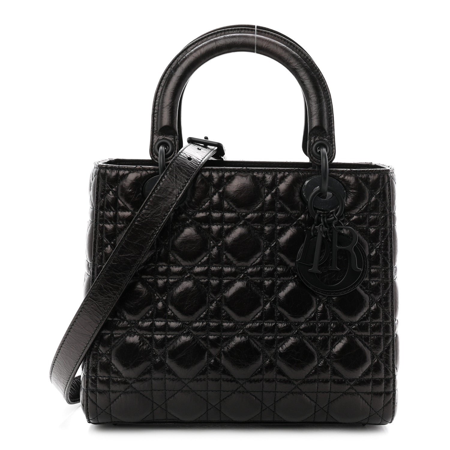 Christian Dior Crinkled Calfskin Cannage Medium Lady Dior Black