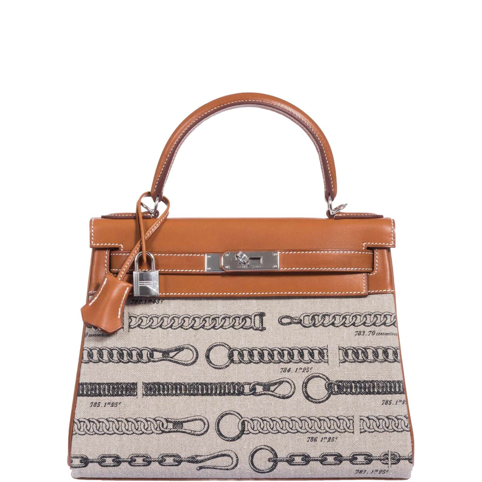 Hermes Hermès Kelly 28 De Camp Dechainee Toile And Fauve Barenia Palladium Hardware