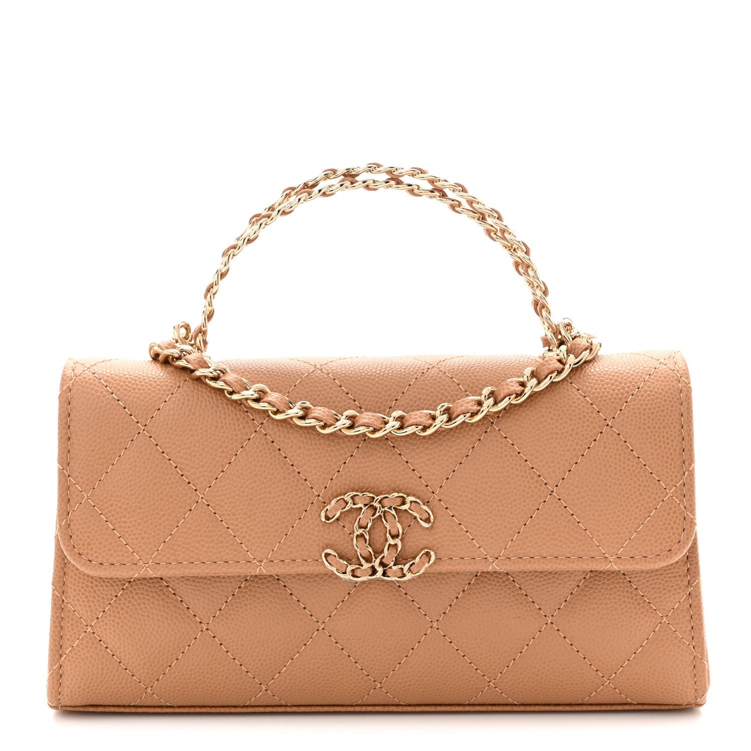 Chanel Caviar Quilted Chain Match Top Handle Phone Holder With Chain Beige