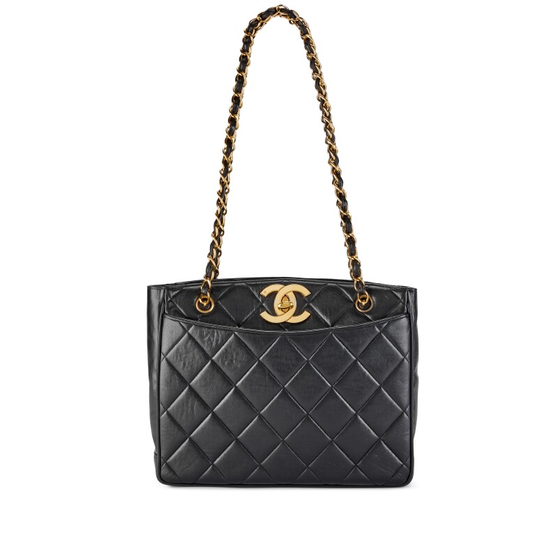Vintage Black Quilted Lambskin CC Turn Lock Open Top Shopper Tote Gold Hardware, 1994-1996