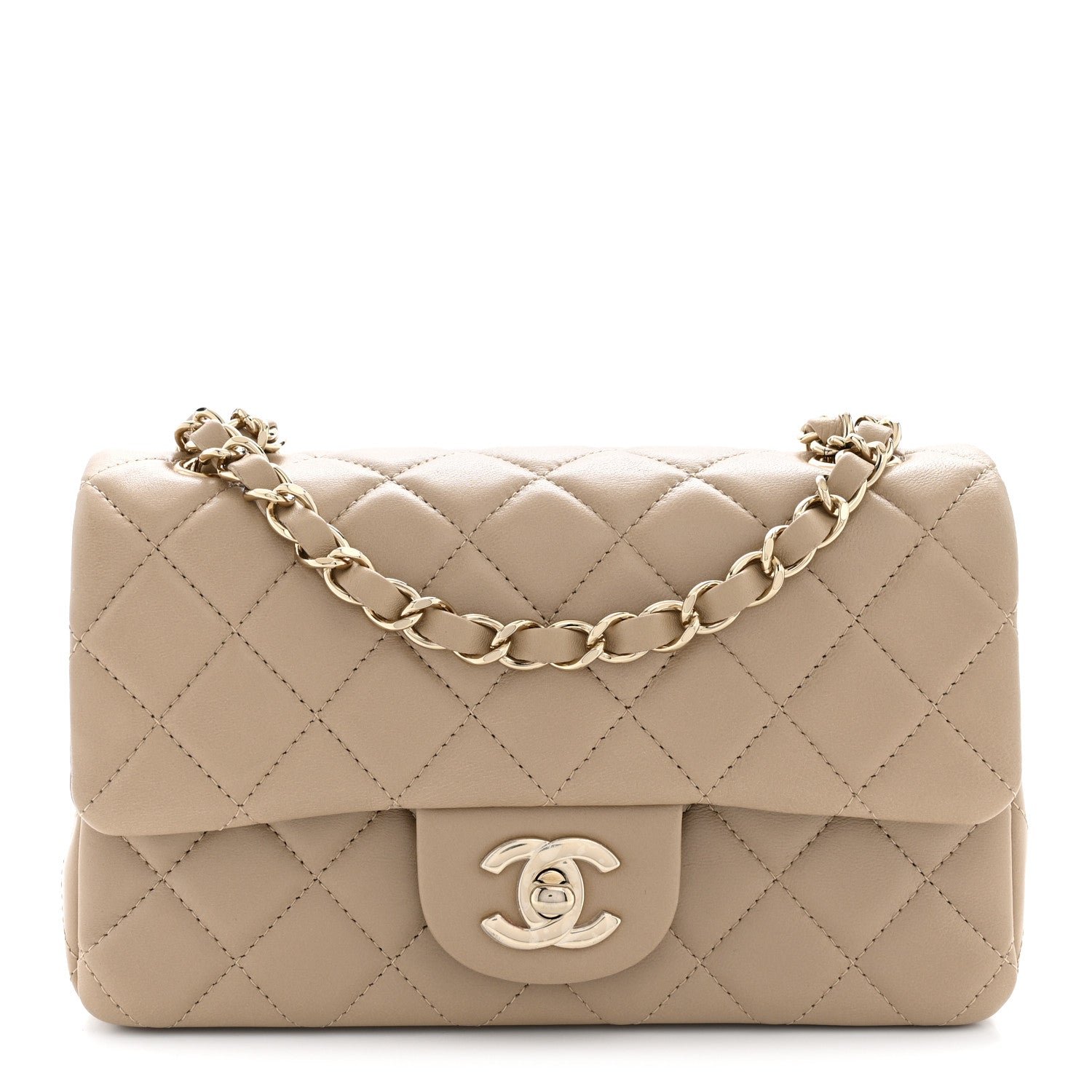 Chanel Lambskin Quilted Mini Rectangular Flap Beige