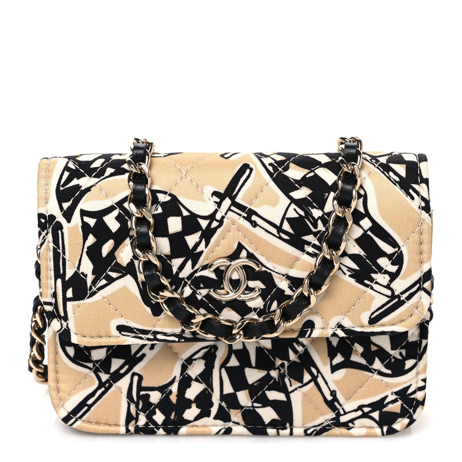 Chanel Canvas Check Flag Printed CC Clutch With Chain Beige Multicolor
