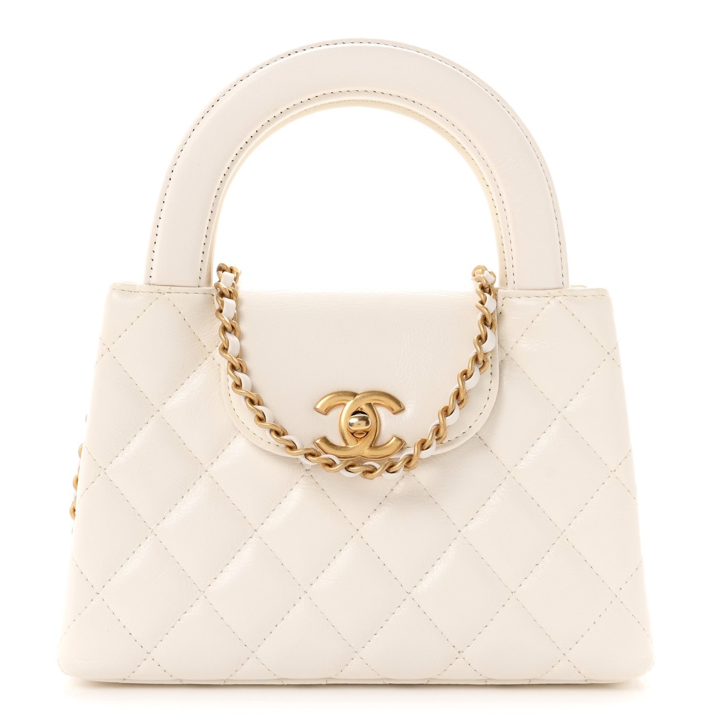 Shiny Aged Calfskin Quilted Nano Kelly Shopper White