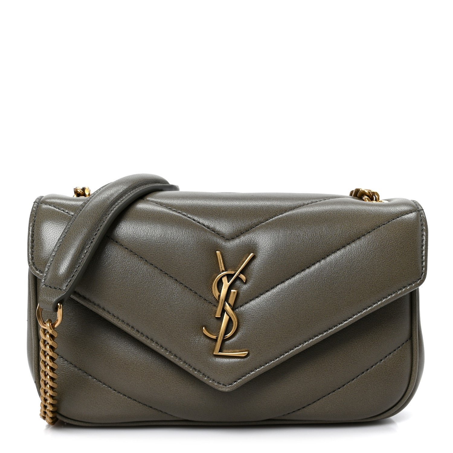Saint Laurent Lambskin Chevron Quilted Mini LouLou Dark Strong Moss