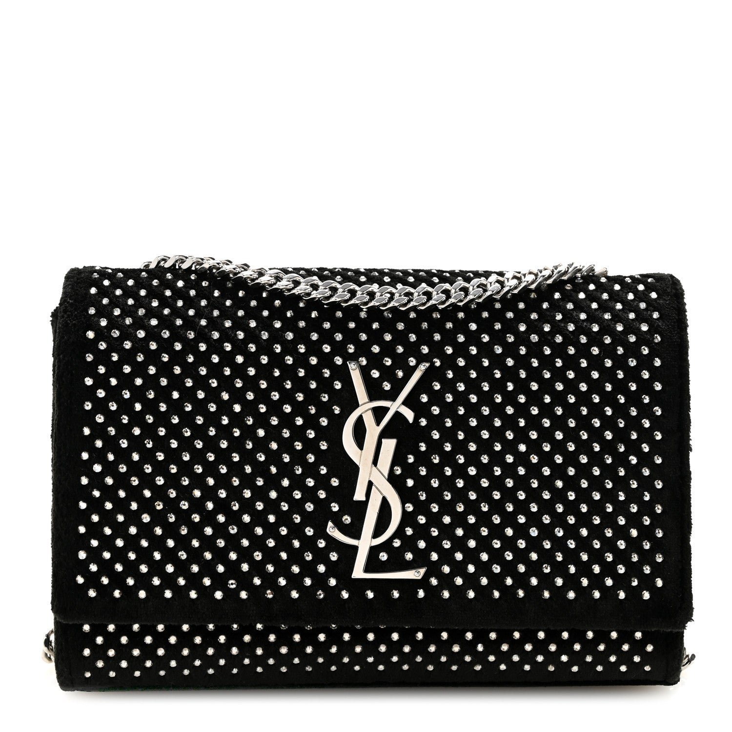 Velvet Crystal Studded Monogram Small Kate Satchel Black