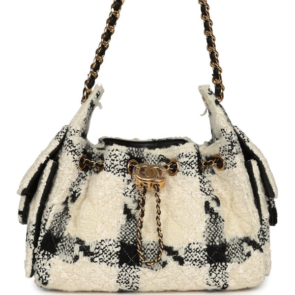 Chanel Mini 25 Hobo Bag White, Black Tweed Gold Hardware
