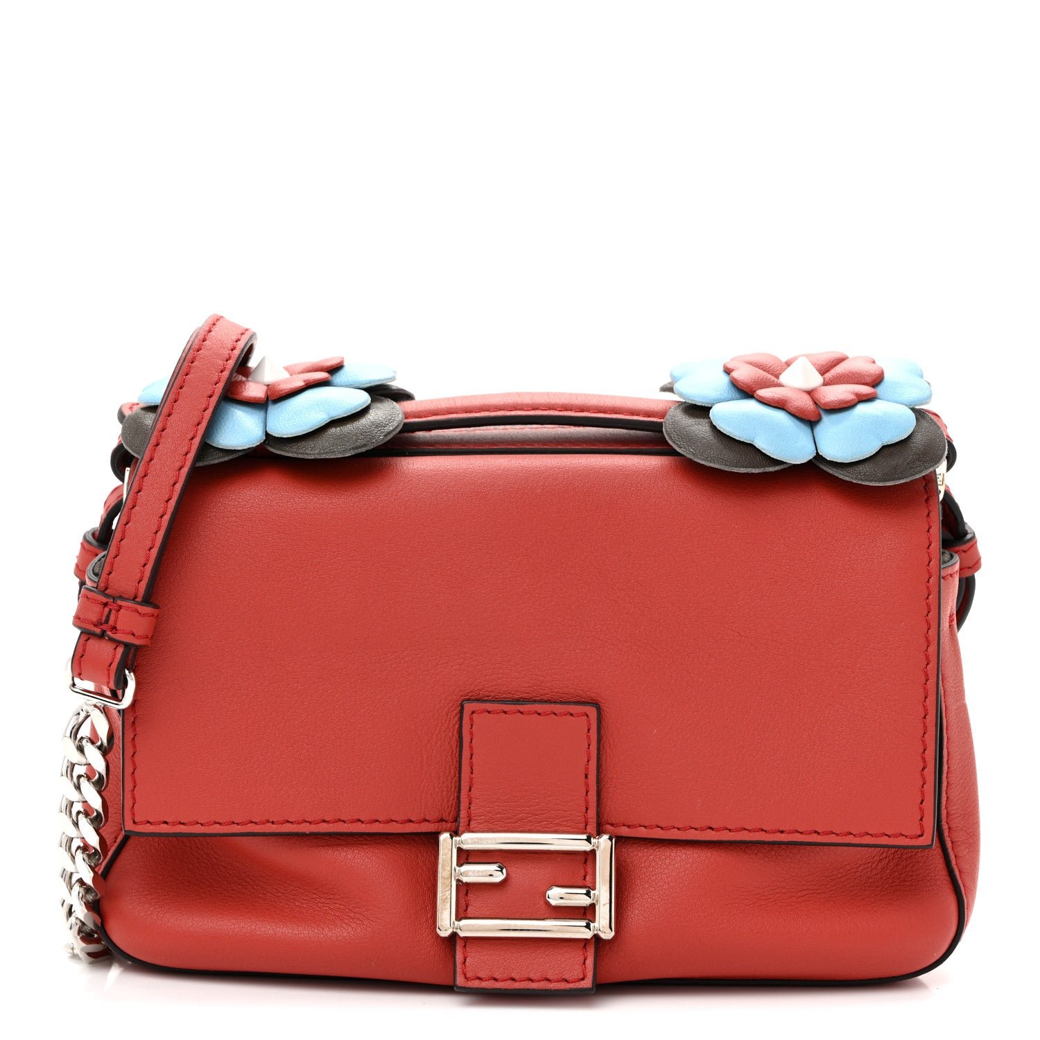 Fendi Vitello Dolce Flowerland Bi-Color Studded Micro Double Baguette Bloody Mary Carbone