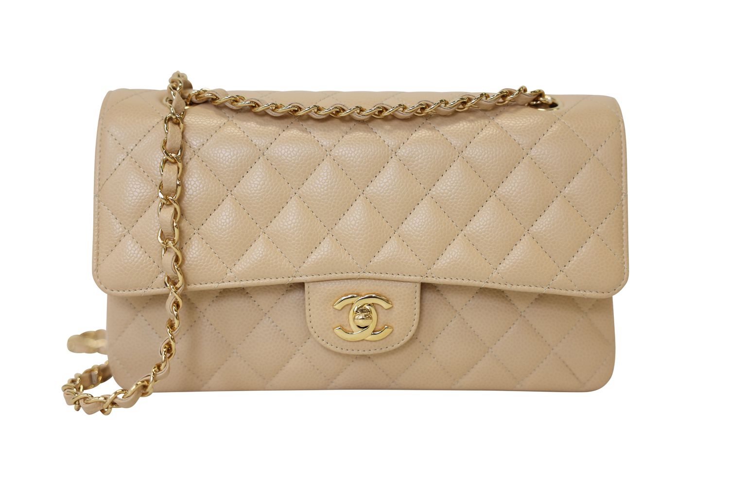Chanel Classic Medium Bag, Beige Quilted Caviar and Gold Hardware, Preowned in Box WA001