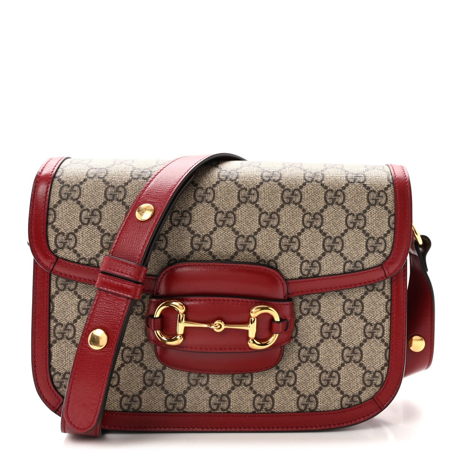 Gucci GG Supreme Monogram Azalea Calfskin Horsebit 1955 Shoulder Bag Beige Ebony New Cherry Red