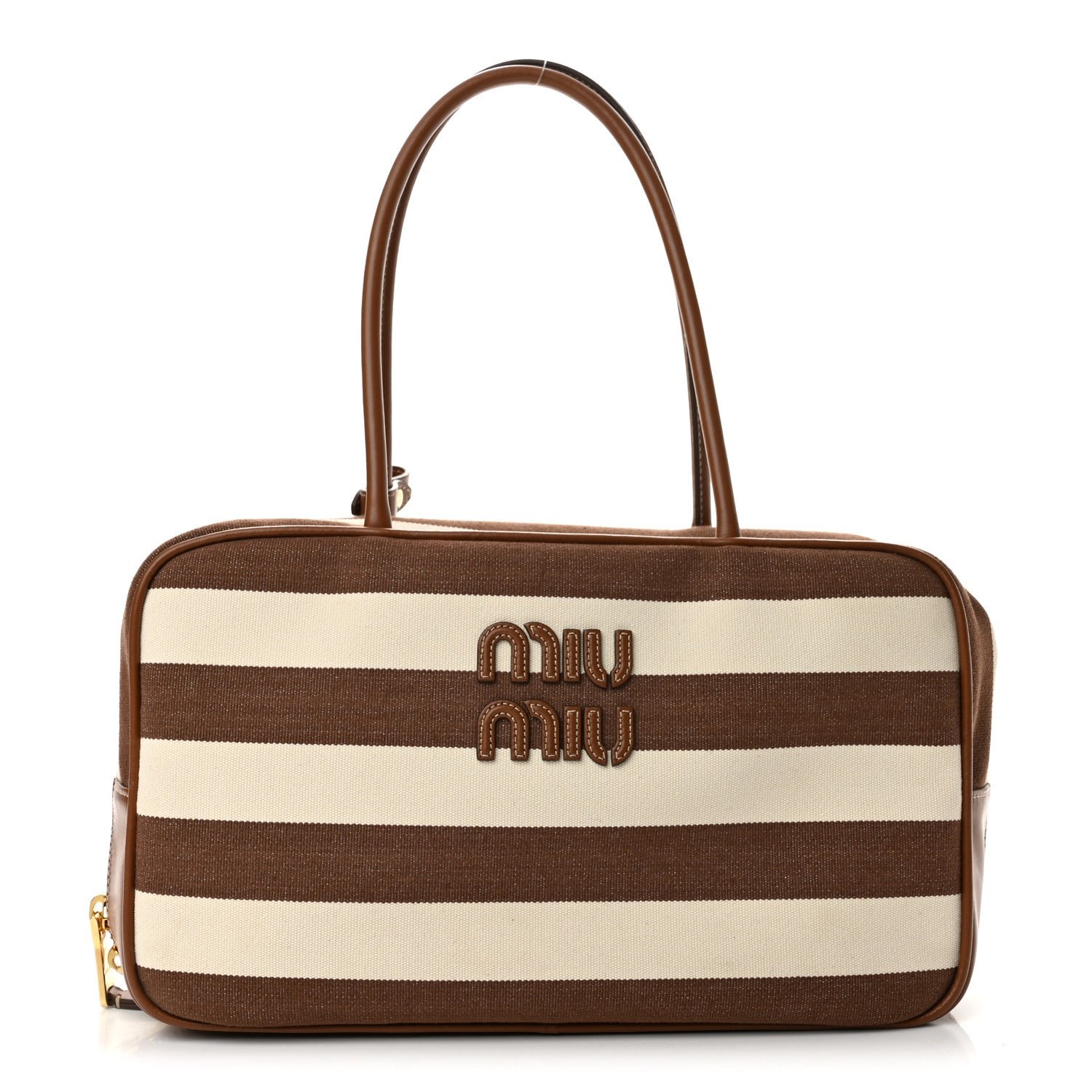 Miu Miu Miu Miu Canvas Calfskin Striped Large Beau Top Handle Bag Cacao Naturale