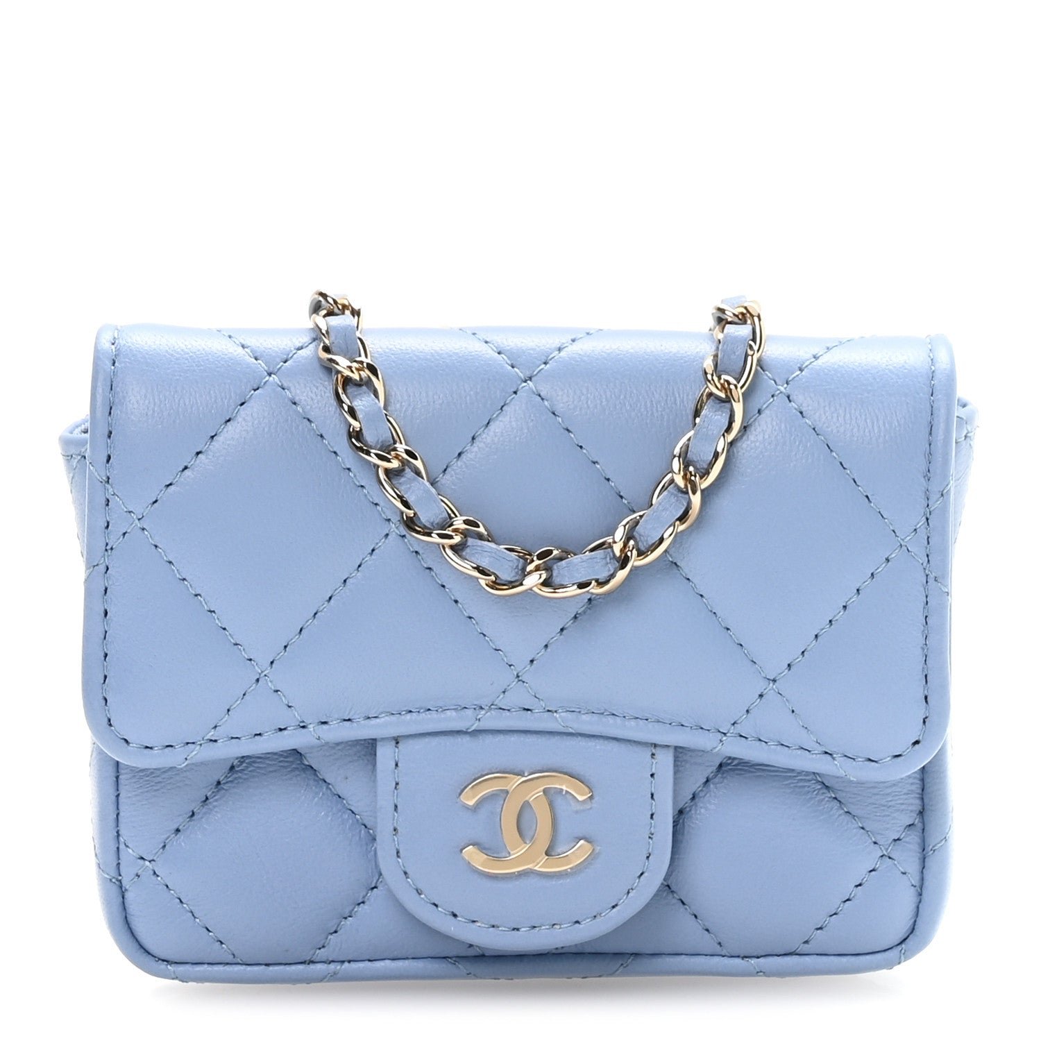 Chanel Lambskin Coco Enamel Quilted Mini Chain Belt Bag Light Blue