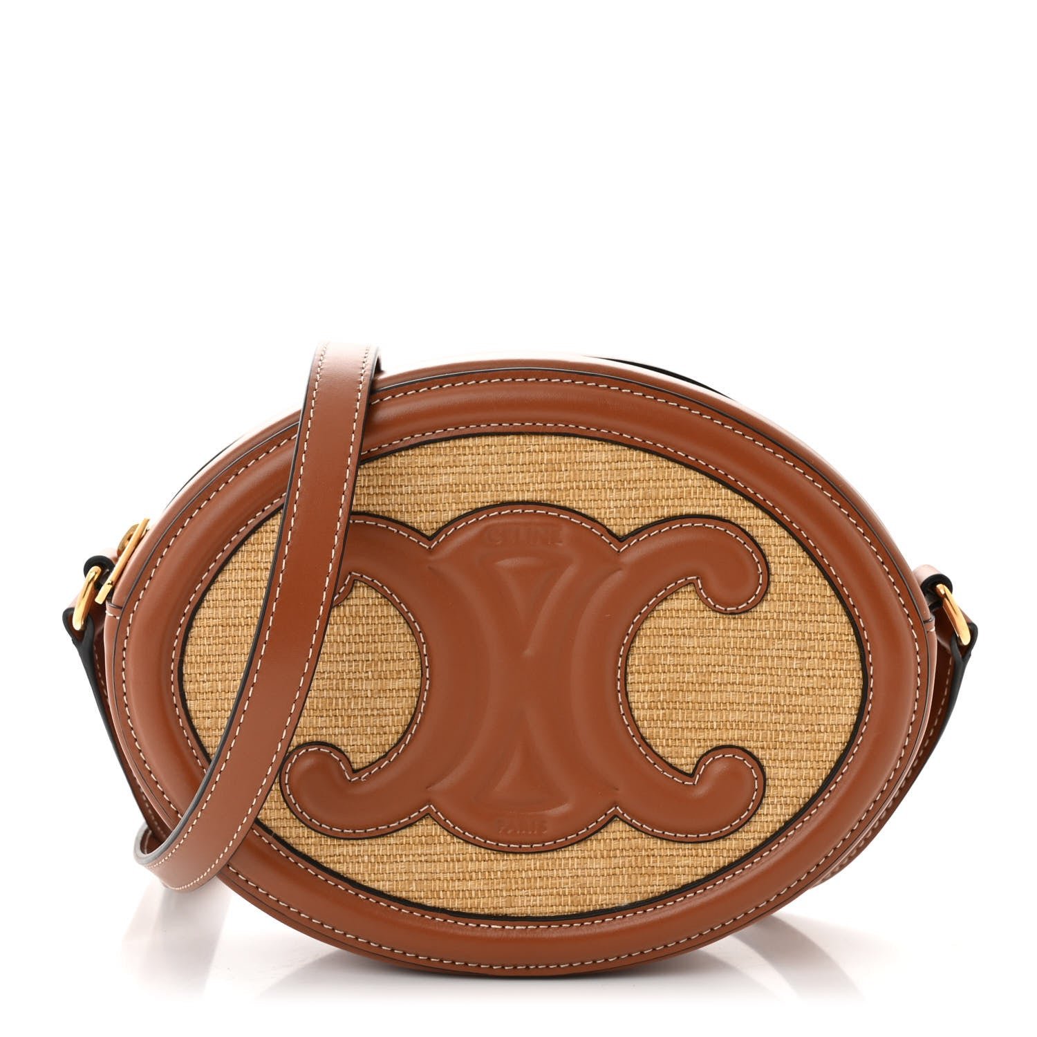 Celine Calfskin Straw Triomphe Oval Purse Crossbody Natural Tan
