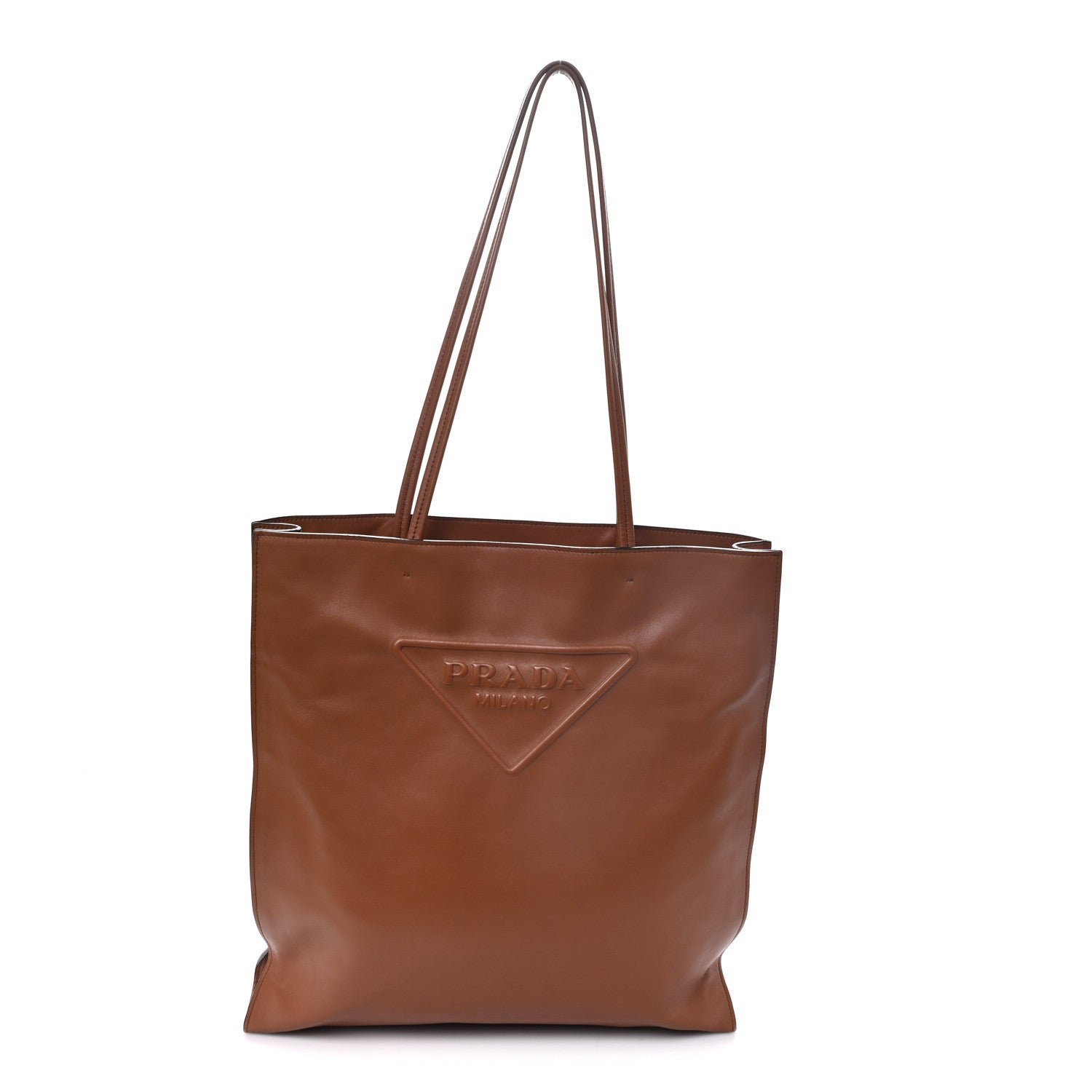 Prada Soft Calfskin Triangle Logo Embossed Tote Cognac