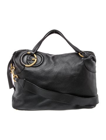 Interlocking G Black Leather Twill Top Handle Bag