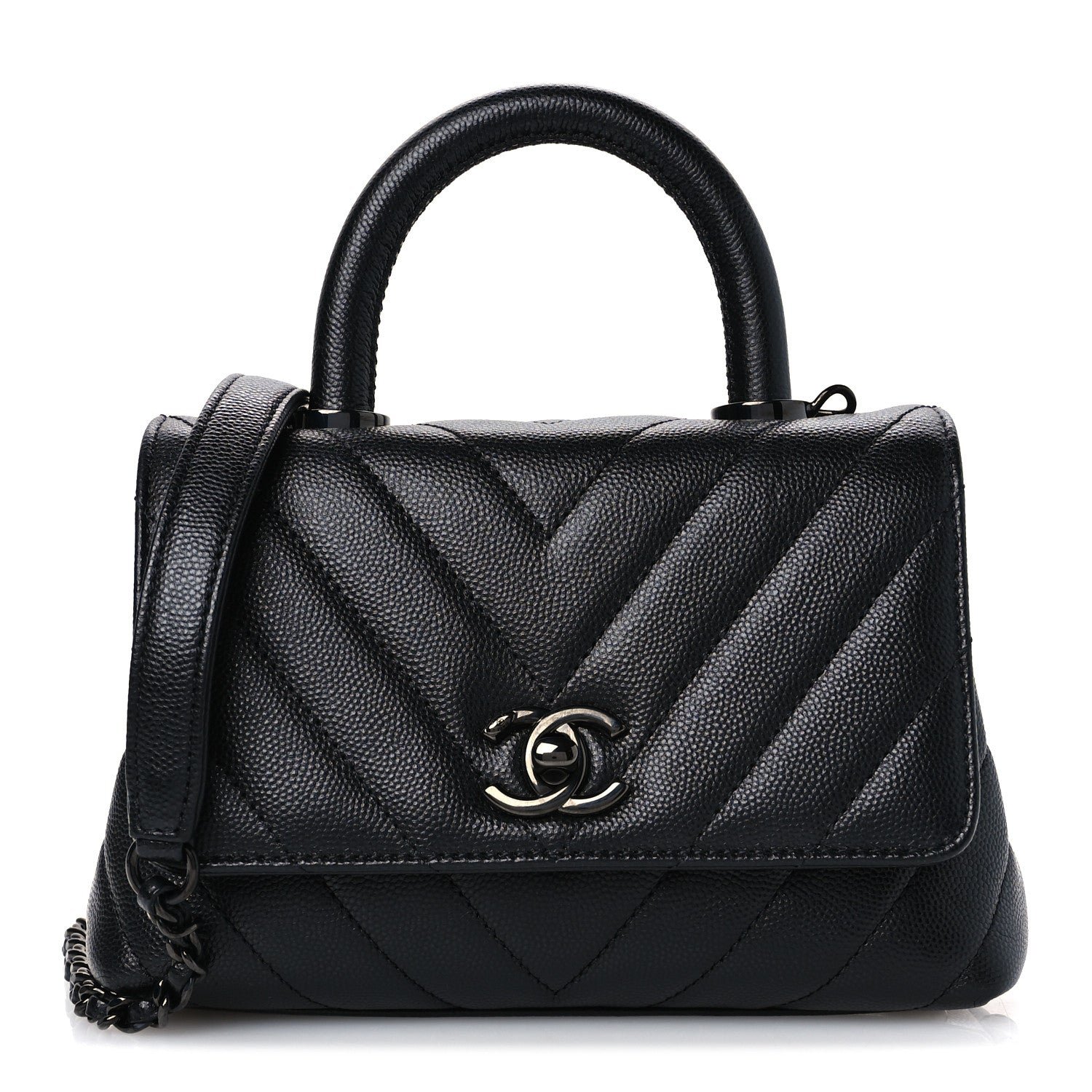 Chanel Caviar Chevron Quilted Extra Mini Coco Handle Flap So Black