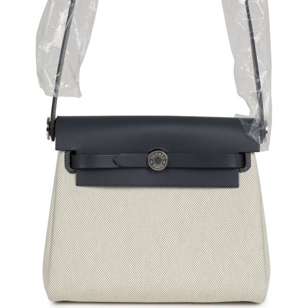 Hermes Hermes Herbag Zip 20 Mini Ecru and Bleu Glacier Toile H Canvas and Ardoise Vache Hunter Palladium Hardware