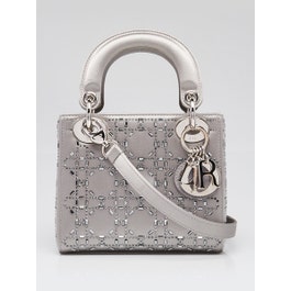 Christian Dior Dark Grey Satin and Crystal Mini Lady Dior Bag