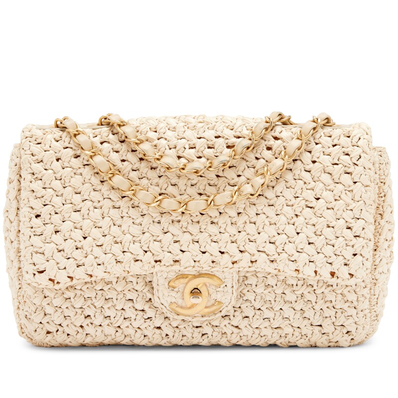 Beige Raffia Crochet Ancient Greece Medium Flap Bag Aged Gold Hardware, 2018