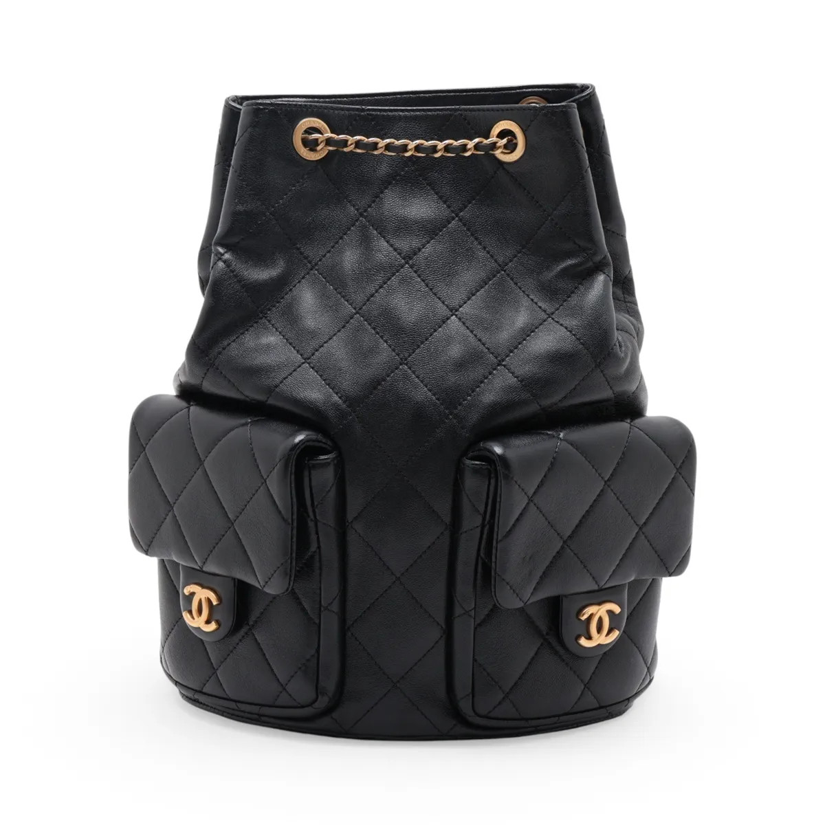 Chanel Matelasse Lambskin Chain Backpack Black Gold Metal Fittings random plate