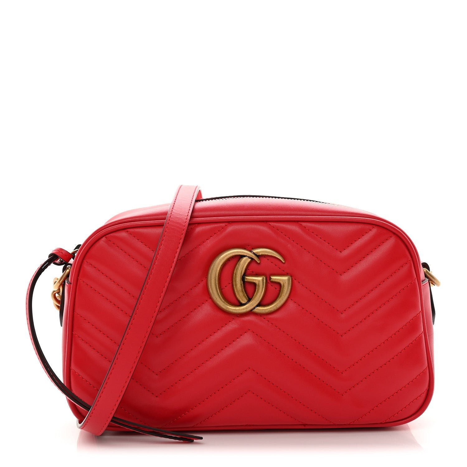 Gucci Calfskin Matelasse Small GG Marmont Chain Shoulder Bag Hibiscus Red