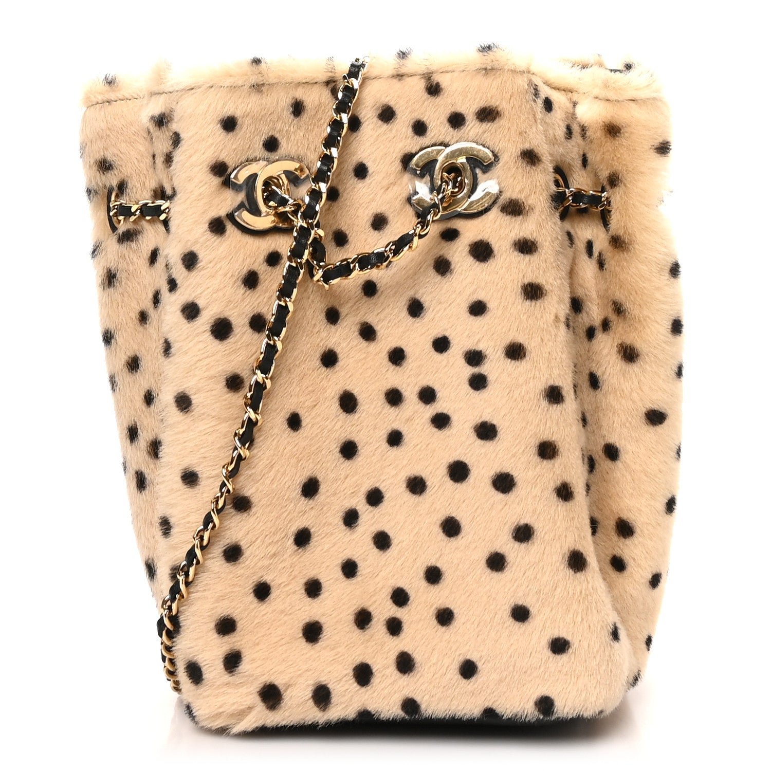 Chanel Pony Hair Cheetah Printed CC Chain Bucket Bag Light Beige Black