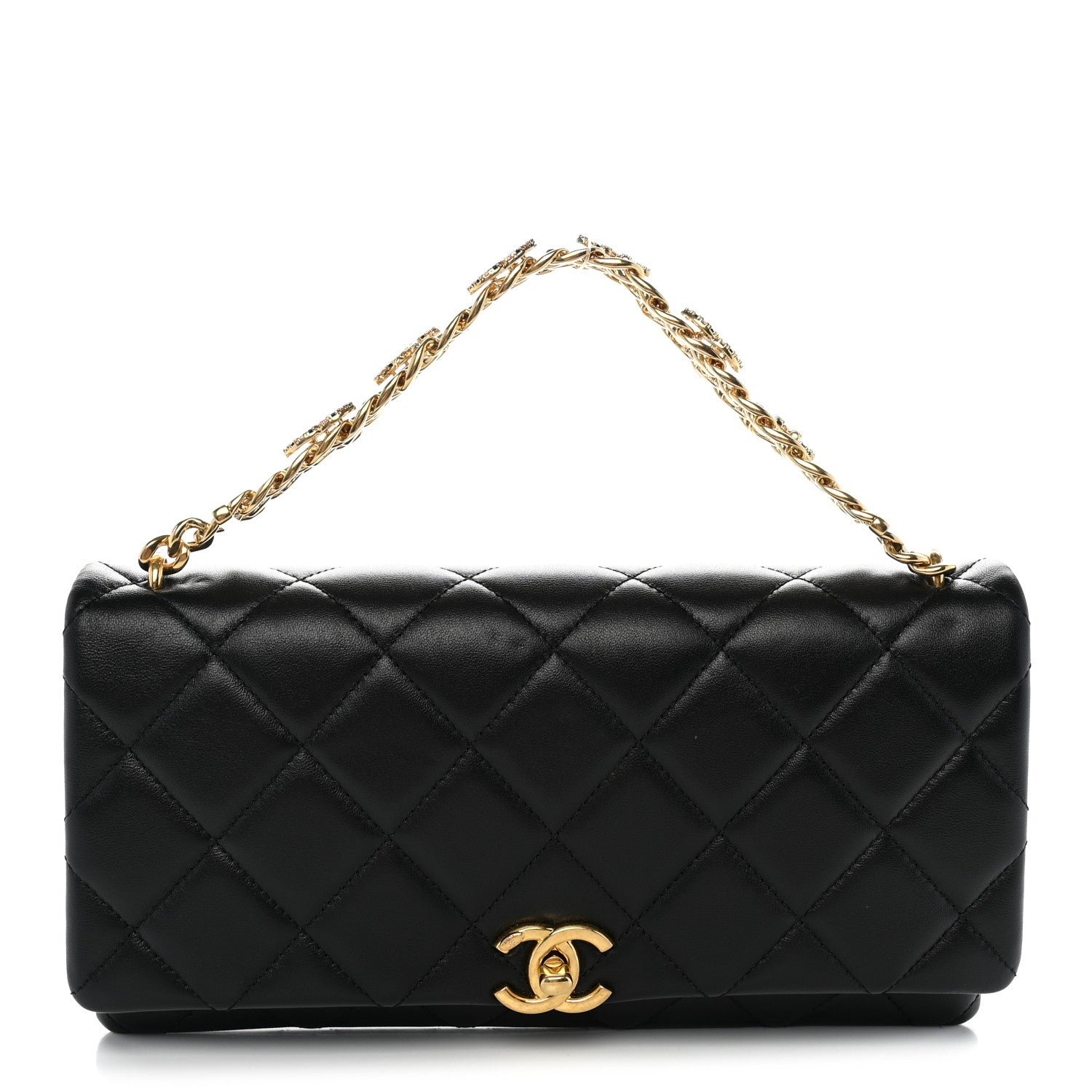 Chanel Lambskin Quilted Crystal Chain Flap Clutch Black