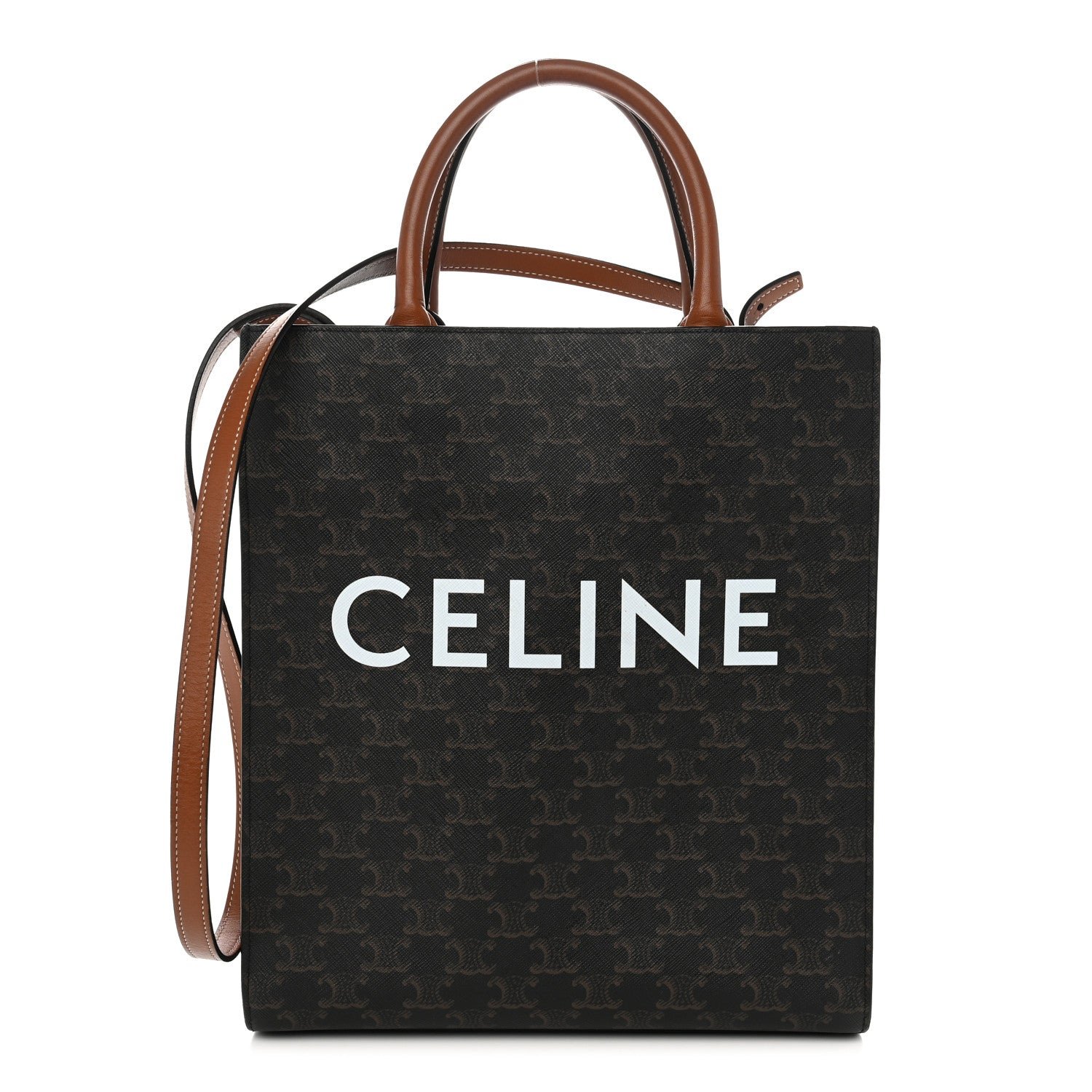 Celine Triomphe Canvas Calfskin Small Vertical Cabas Tan