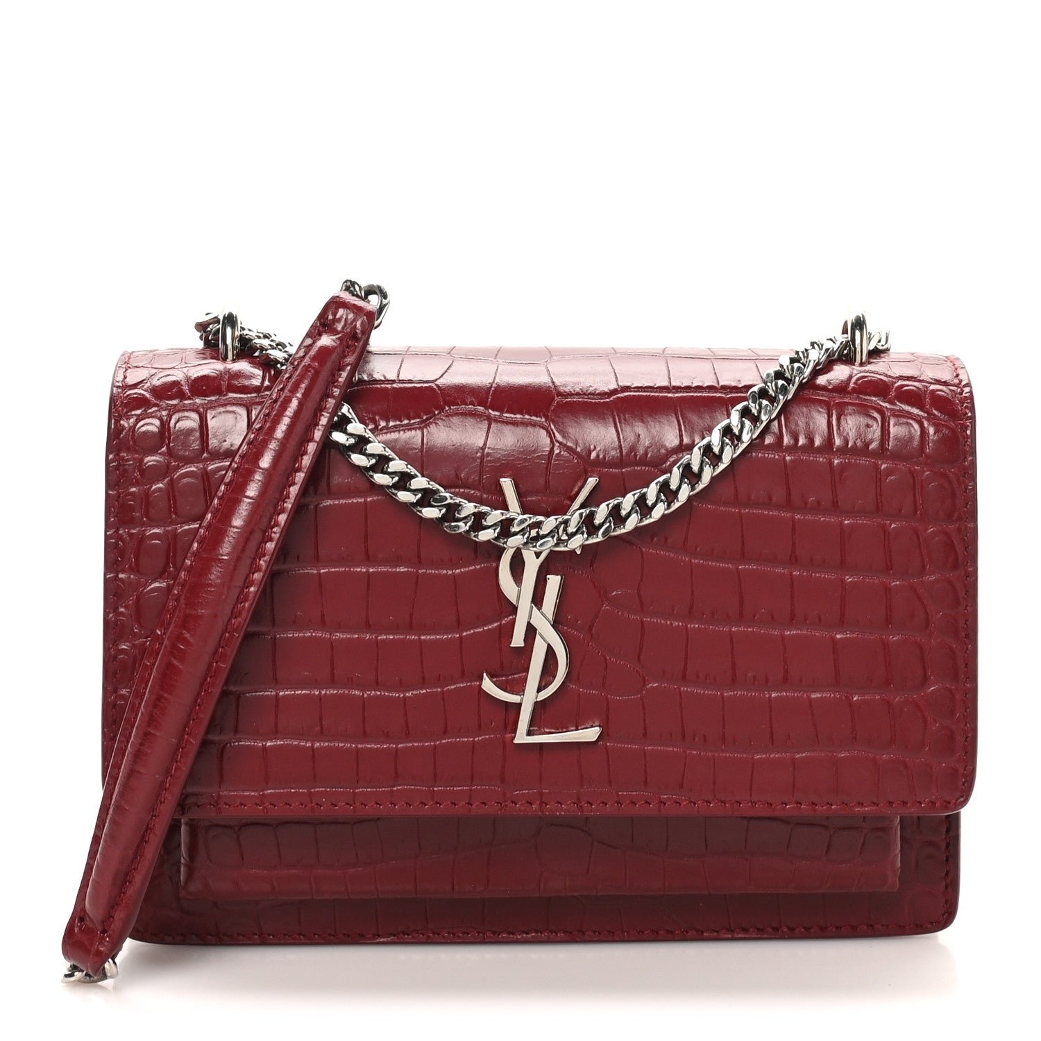 Saint Laurent Calfskin Crocodile Embossed Monogram Sunset Chain Wallet Palissandre