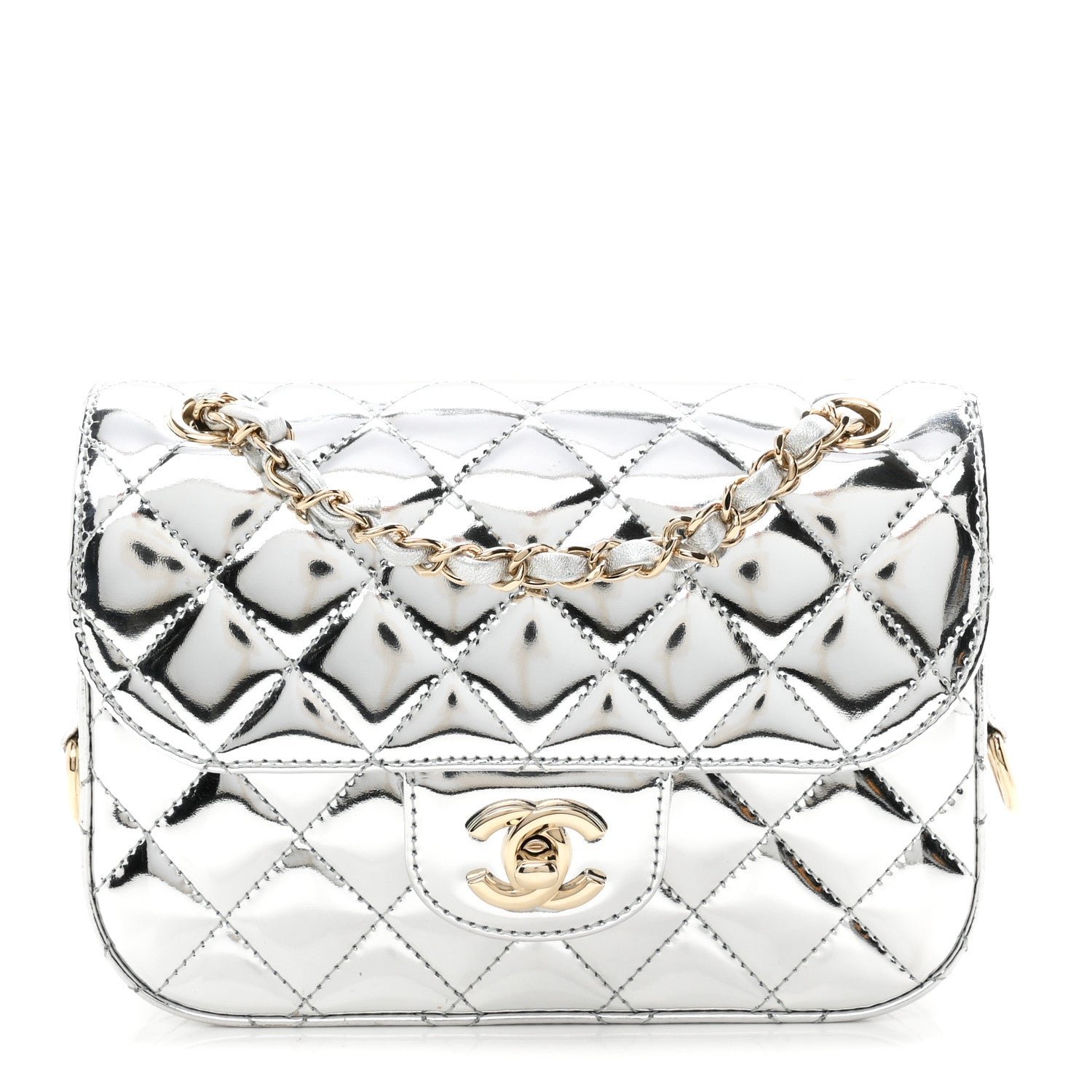 Chanel Mirror Calfskin Metallic Calfskin Quilted Hollywood Boulevard Mini Flap With Star Coin Purse Silver