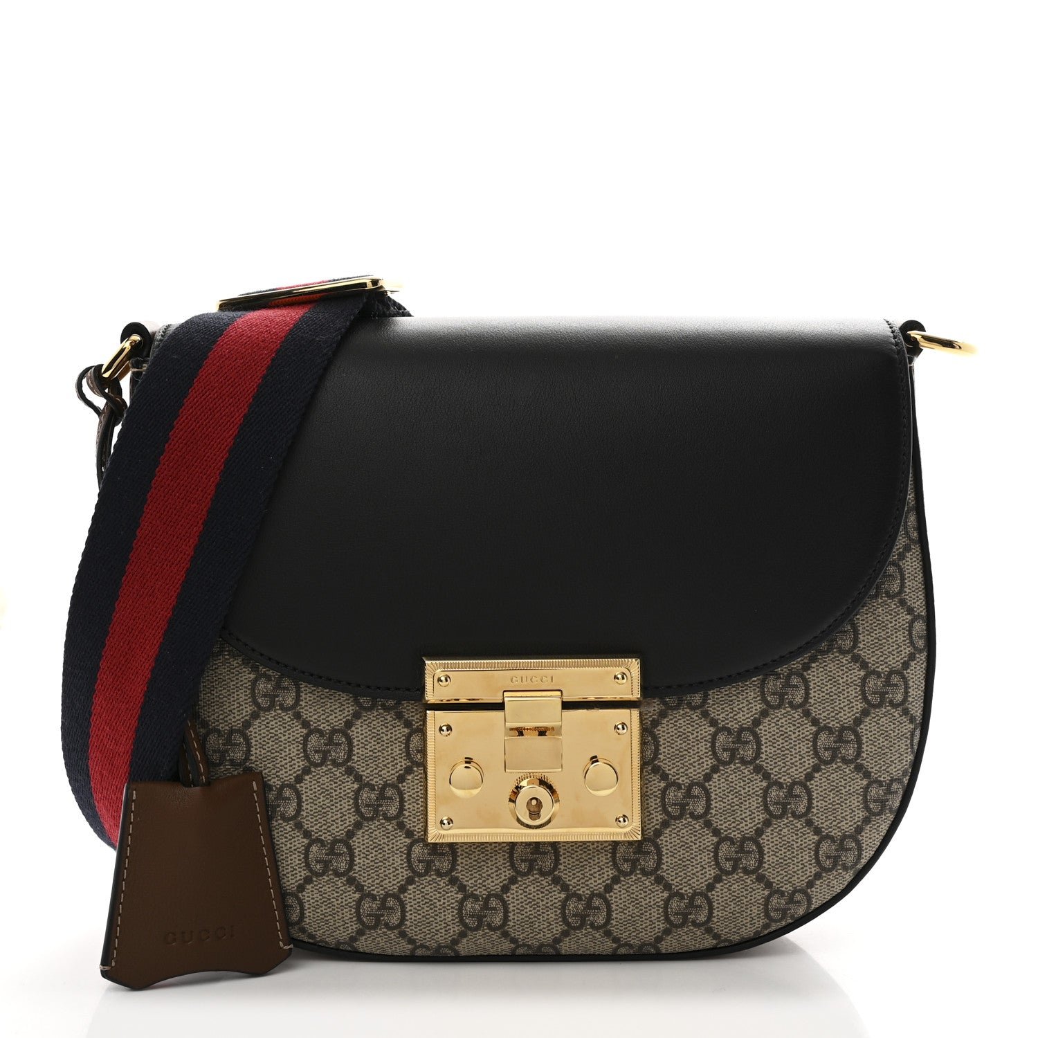 Gucci GG Supreme Monogram Web Medium Padlock Messenger Shoulder Bag Black