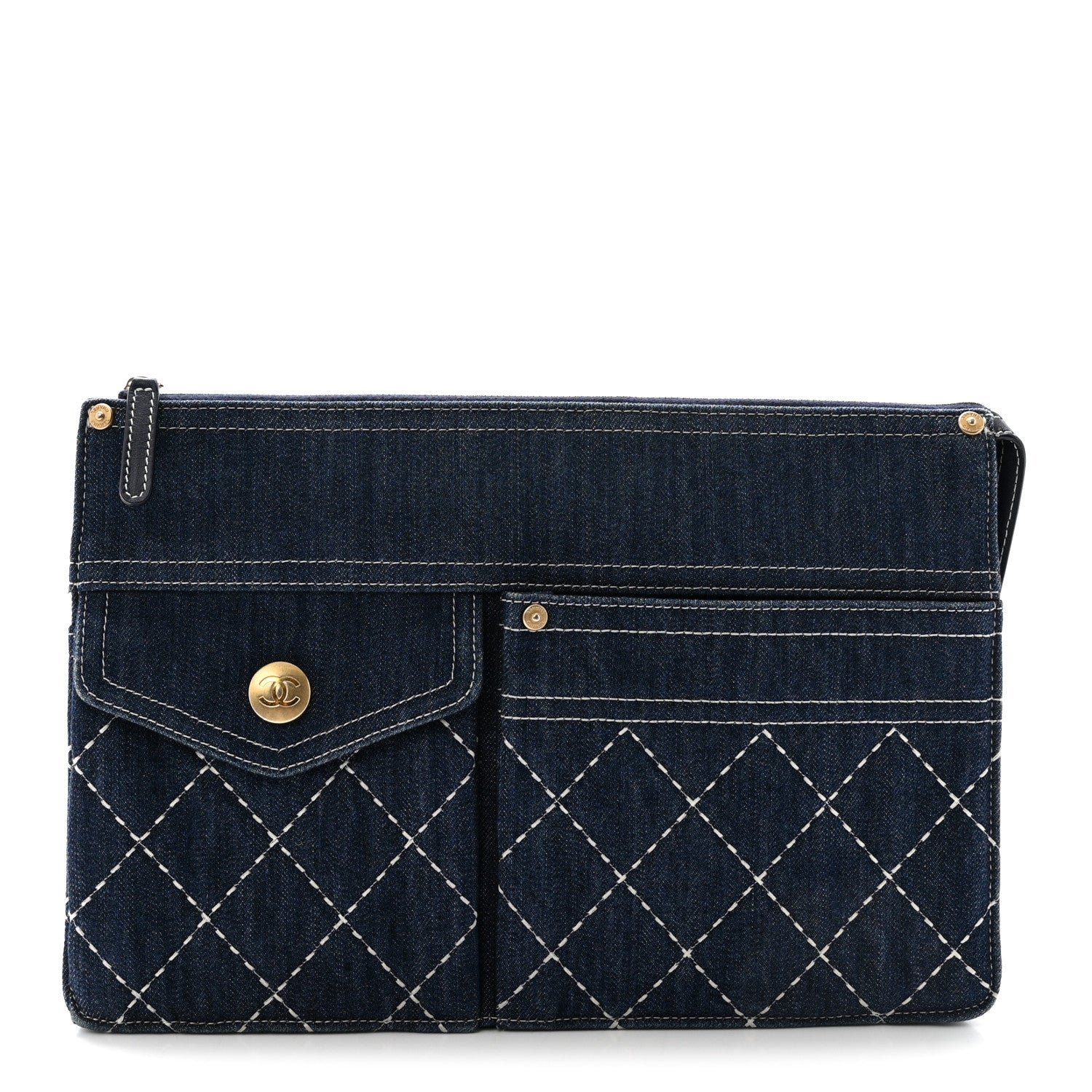 Chanel Denim Quilted Zipped Clutch Blue