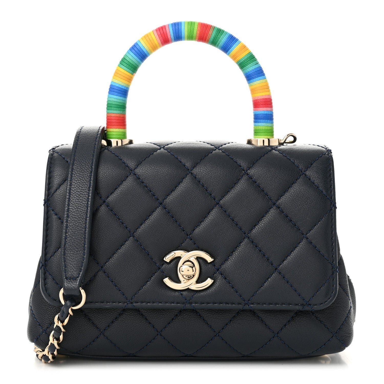 Chanel Goatskin Quilted Extra Mini Rainbow Coco Handle Flap Navy Blue
