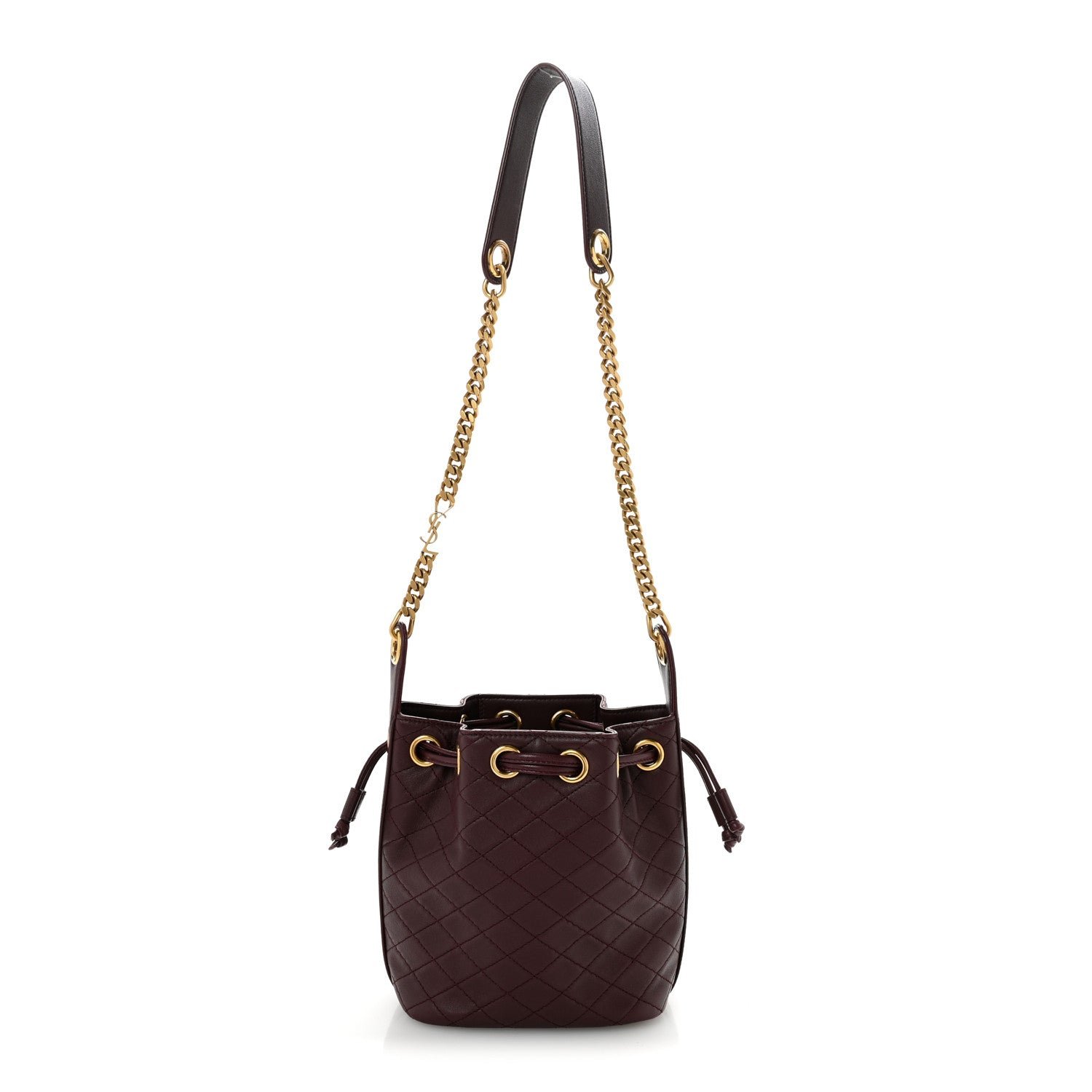 Saint Laurent Lambskin Carre Quilted Cassandre Small Bucket Bag Hot Wine