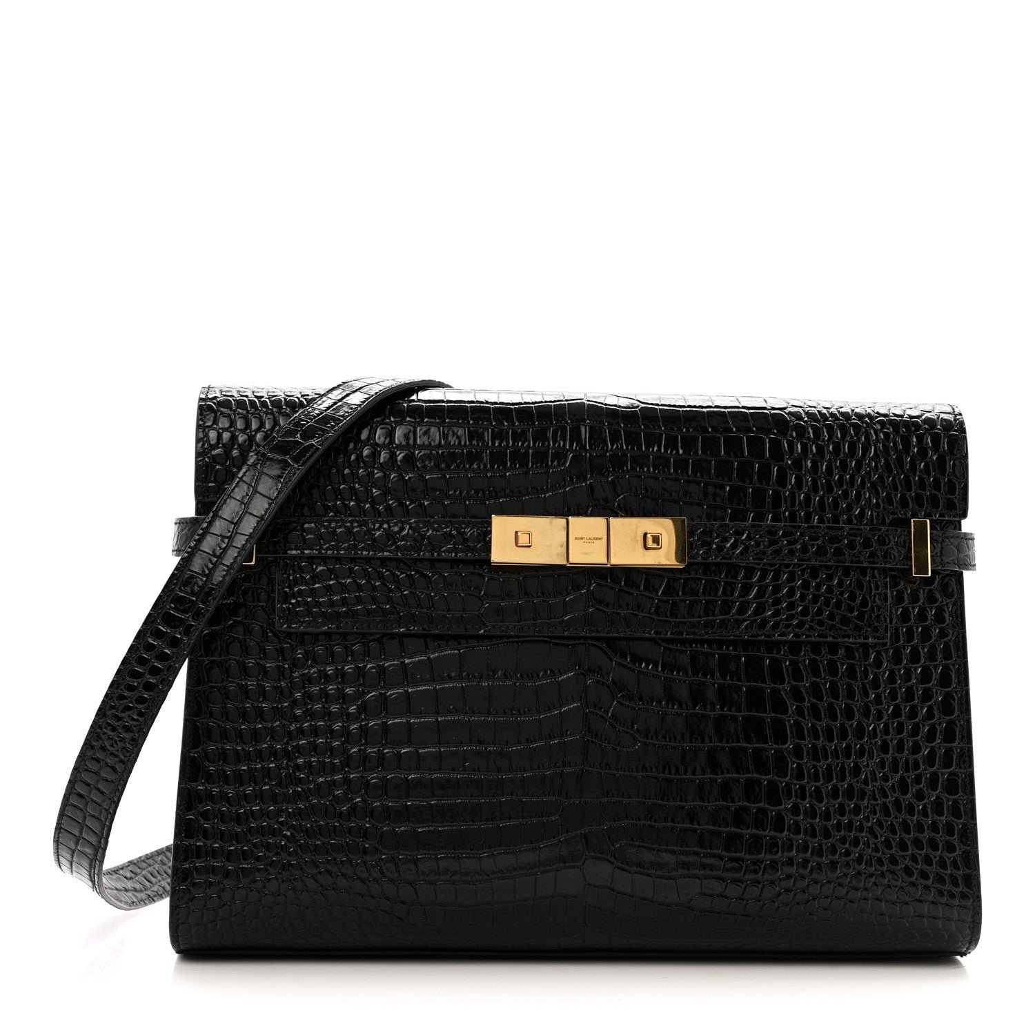 Saint Laurent Shiny Calfskin Crocodile Embossed Manhattan Baguette Black