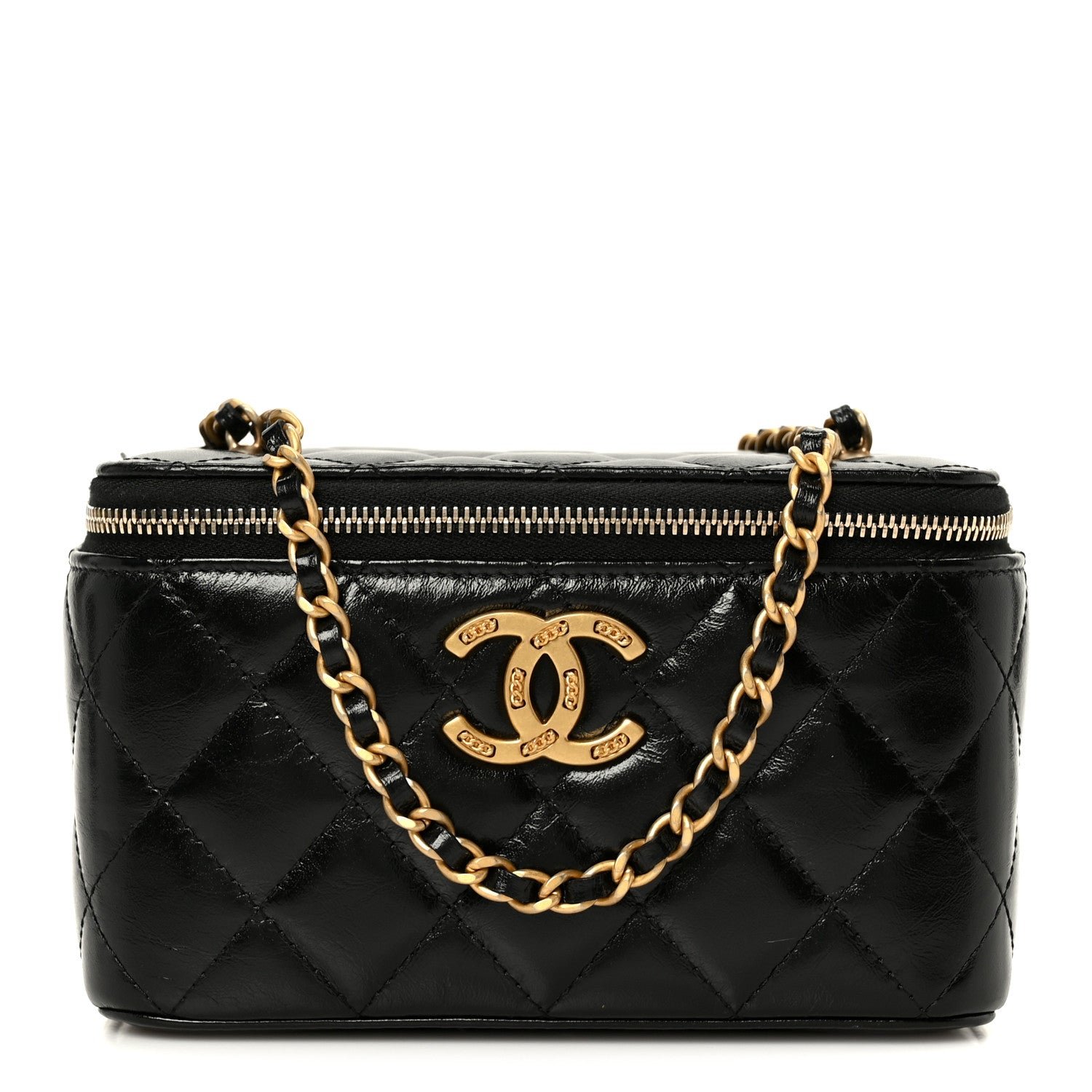 Chanel Shiny Lambskin Quilted CC Links Small Vanity Case With Chain Black