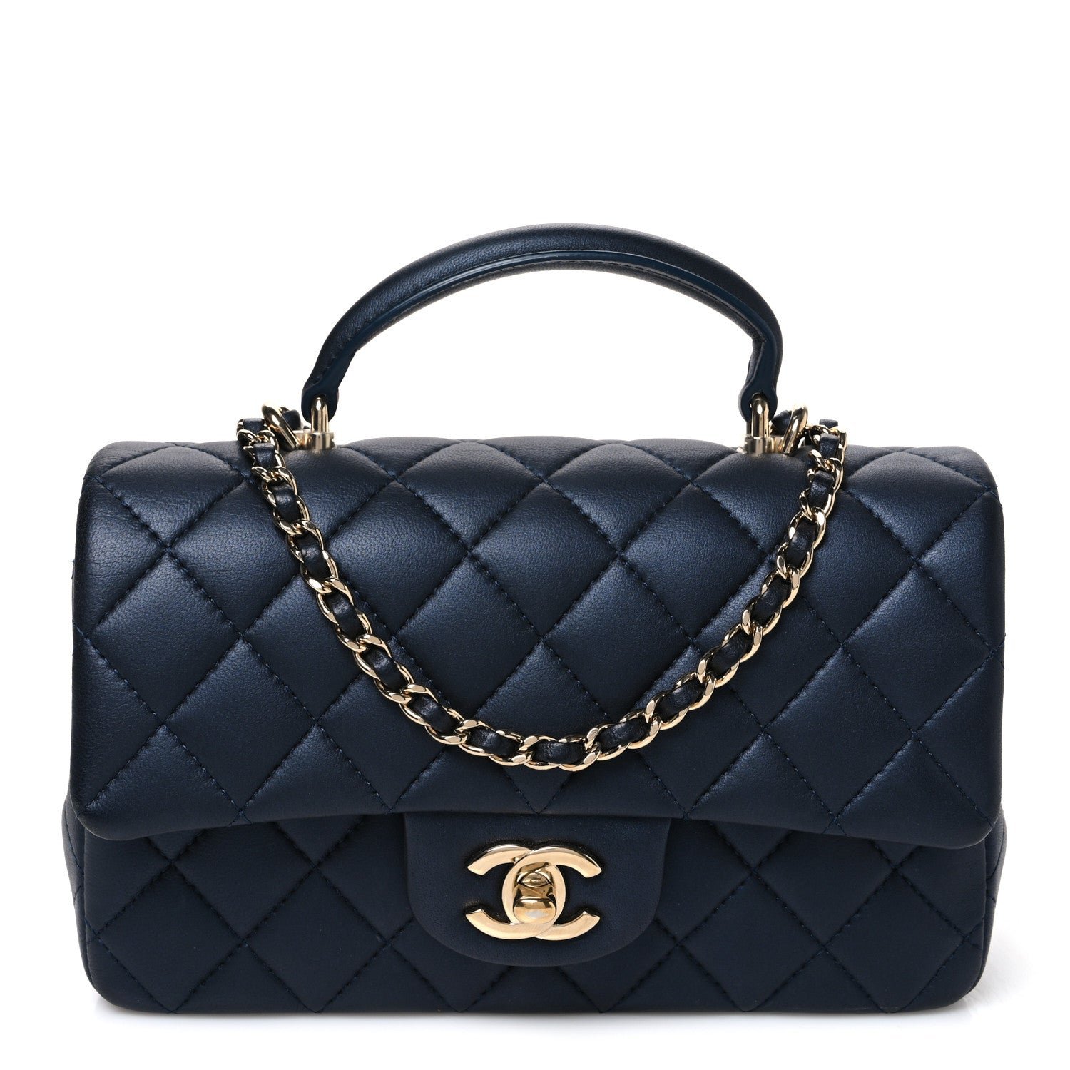 Chanel Iridescent Lambskin Quilted Mini Top Handle Rectangular Flap Dark Blue