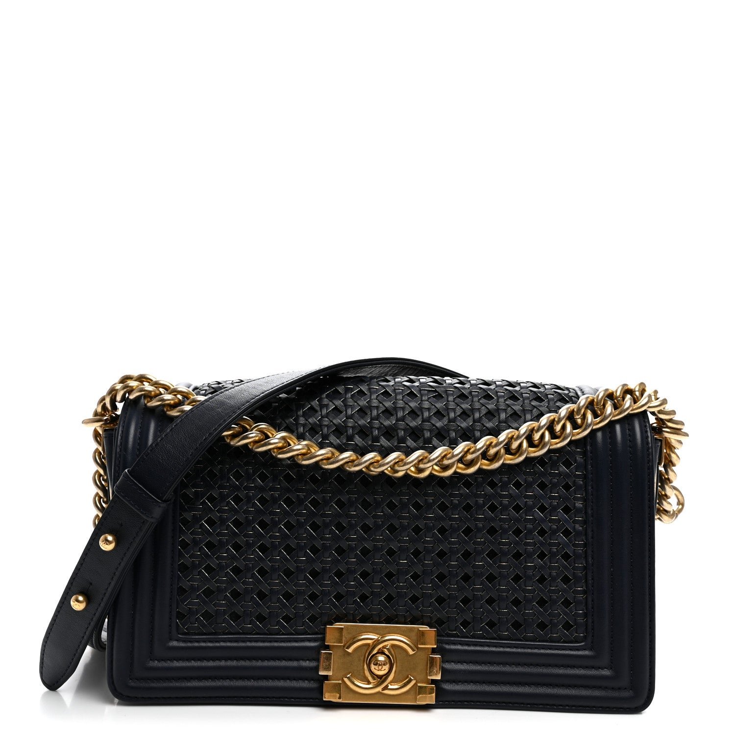 Chanel Lambskin Braided Woven Medium Boy Flap  Navy