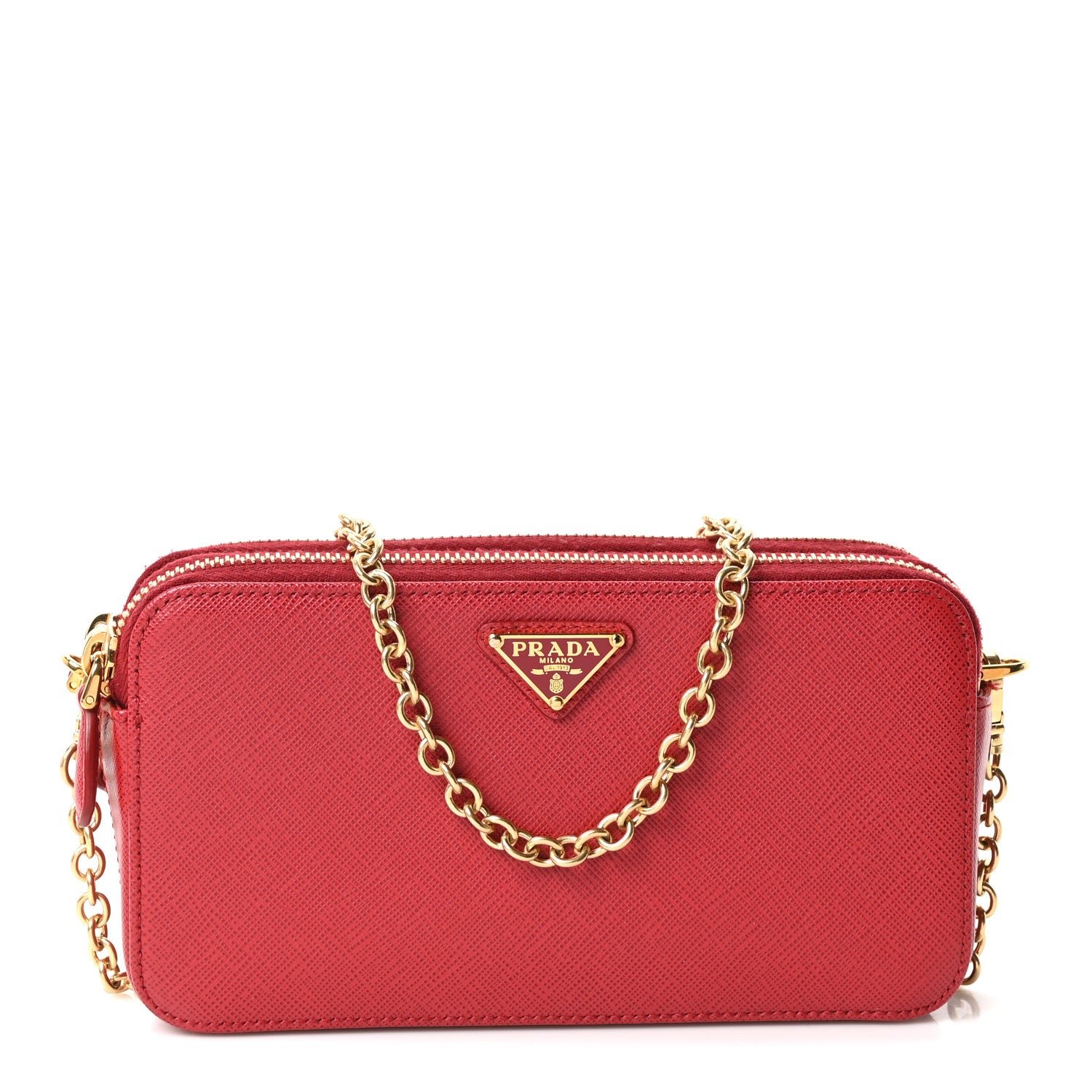 Prada Saffiano Lux Mini Double Zip Chain Crossbody Bag Fuoco