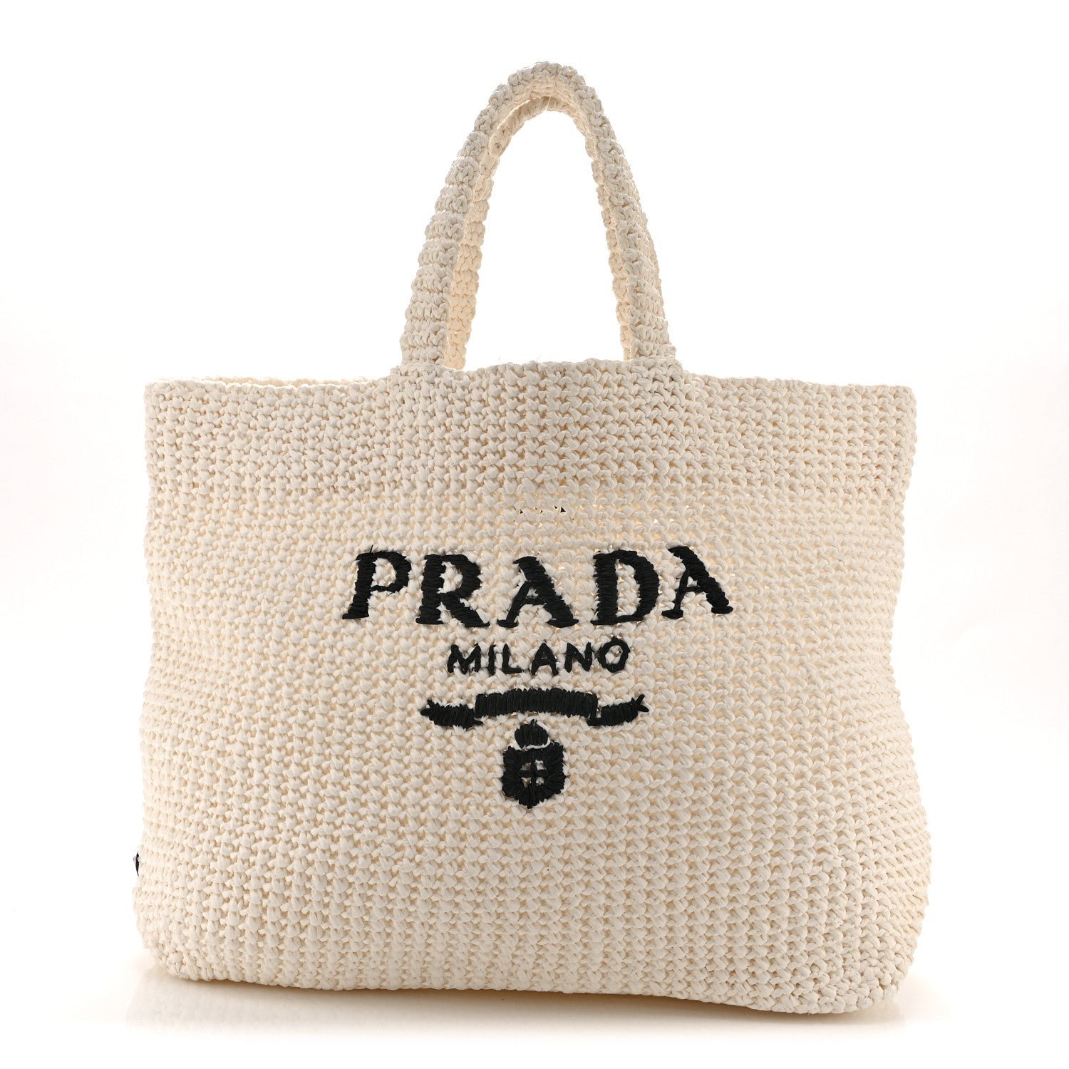 Prada Yarn Raffia Effect Crochet Embroidered Large Logo Tote White