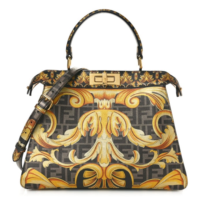 Fendi X VERSACE Vitello Seta Nappa Fendace FF Baroque Medium Peekaboo I SEE U Satchel Tobacco Black Gold