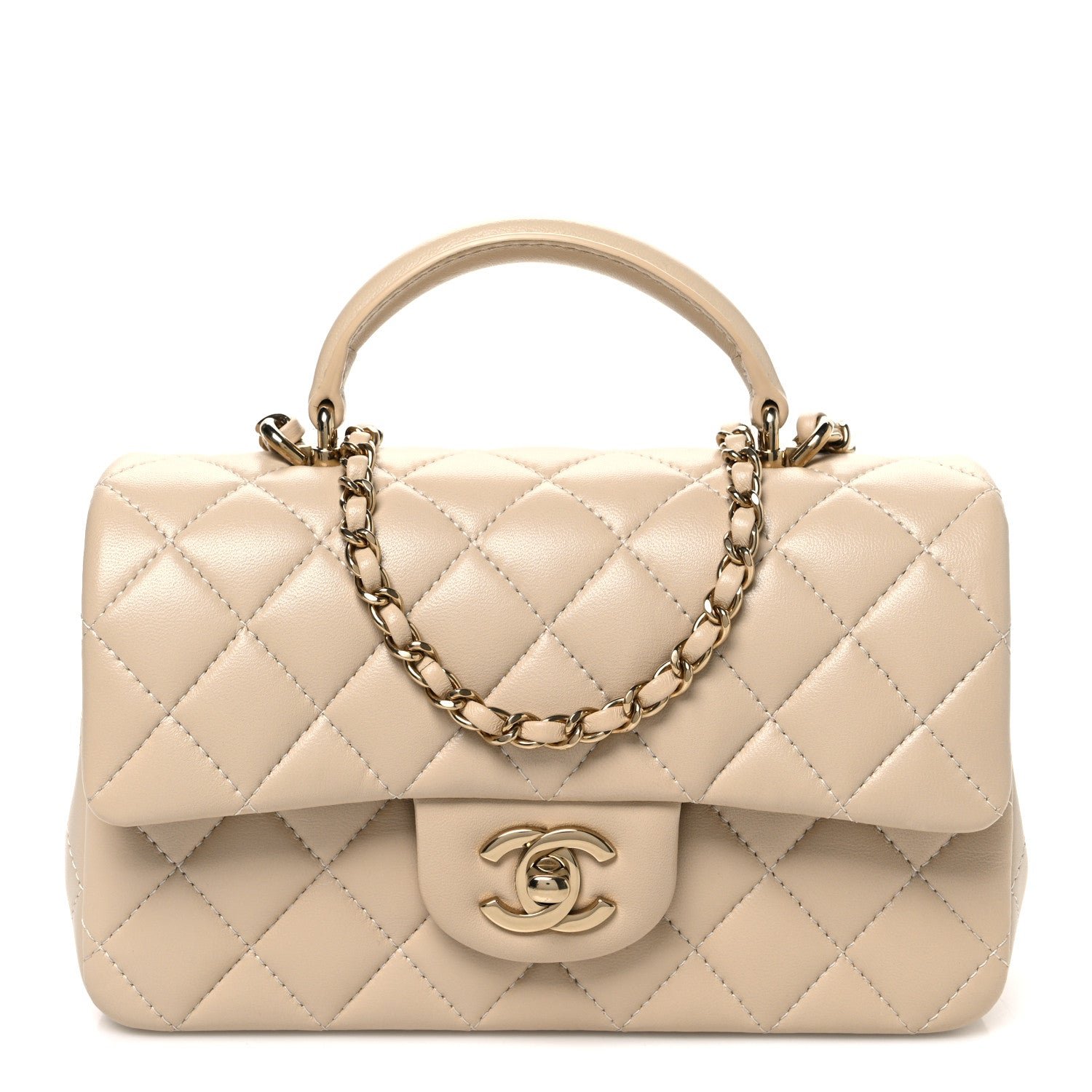 Chanel Lambskin Quilted Mini Top Handle Rectangular Flap Beige