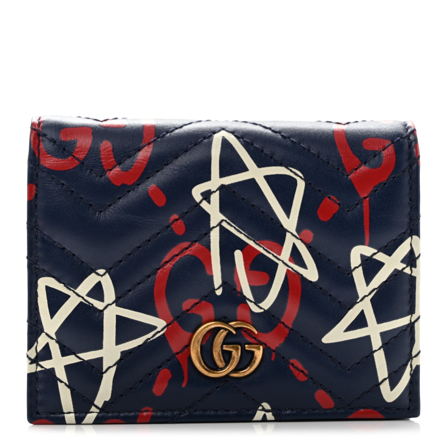 Gucci Calfskin Matelasse GucciGhost GG Marmont Card Case Blue Agata Hibiscus Red